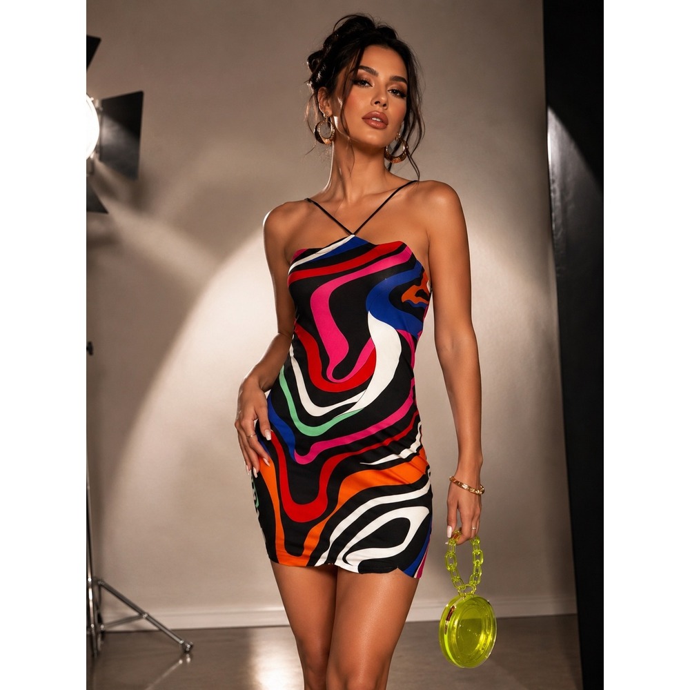 MICAS Colorful Abstract Swirl Print Backless Ruched Bodycon Mini Dress‎ Size L